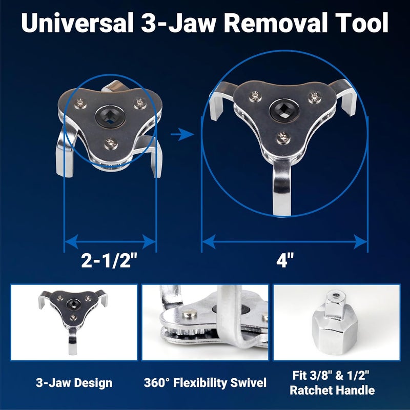 pexwo 8PC Oil Filter Wrench Set - Swivel Wrenches (2-3/4" to 5-1/4") + Adjustable Pliers (9" & 12") + 3-Jaw Removal Tool w/ 1/2" & 3/8" Adapter - Universal Oil Filter Removal Kit - Image 4